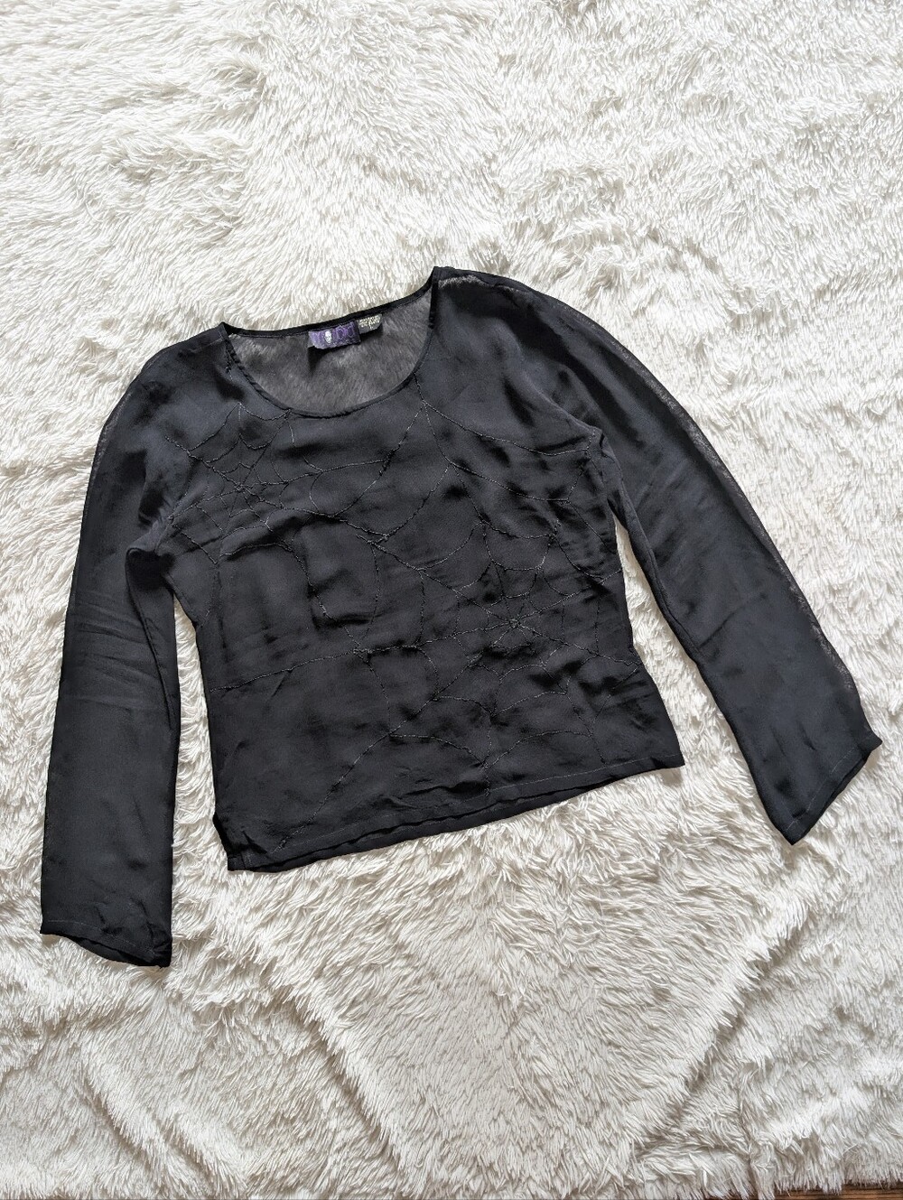 90s Morbid Threads Spiderweb Embroidery Sheer Vintage Hot Topic Black Top Large - Picture 3 of 12